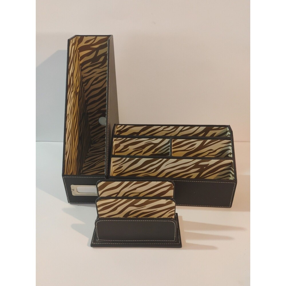 Sicura Italian Designs 3-Piece Desk Organizer in Brown/Zebra Synthetic Leather
